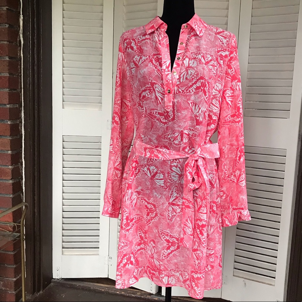Dress pink white sheer butterfly tunic